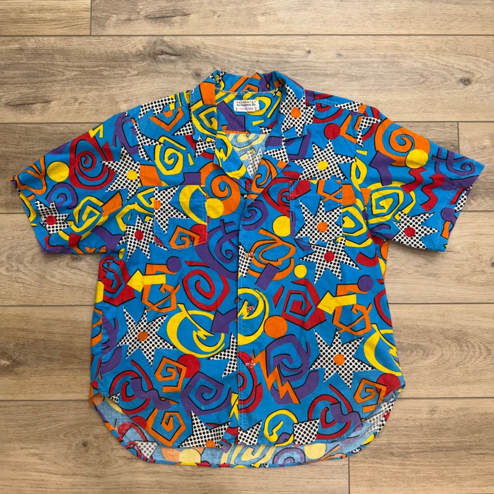 Marianne Finch Vintage 80s Memphis Print Maximalist Short Sleeve Shirt Blue